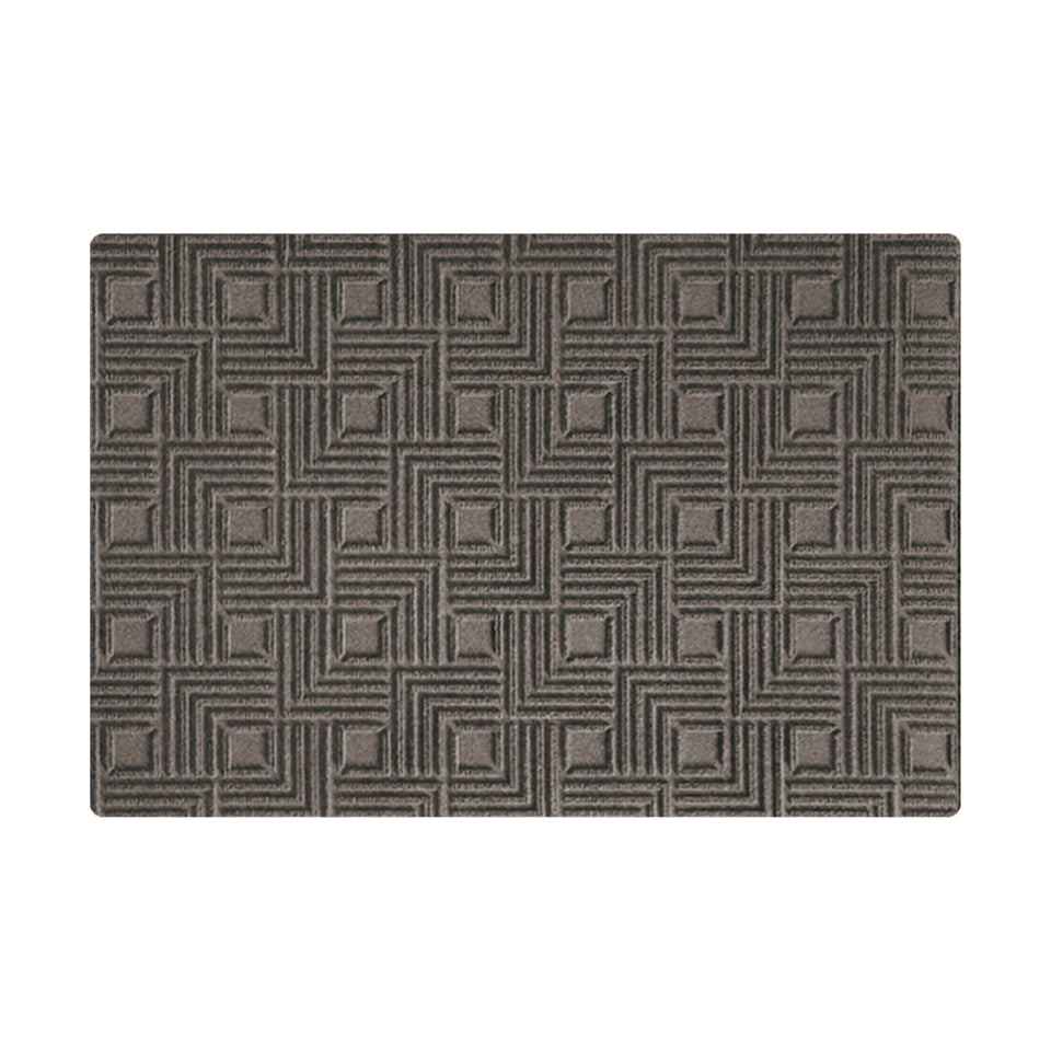 Overhead image of a single-door WaterHog Luxe mat in the meandering Labyrinth pattern and greige color, shown on a white background.