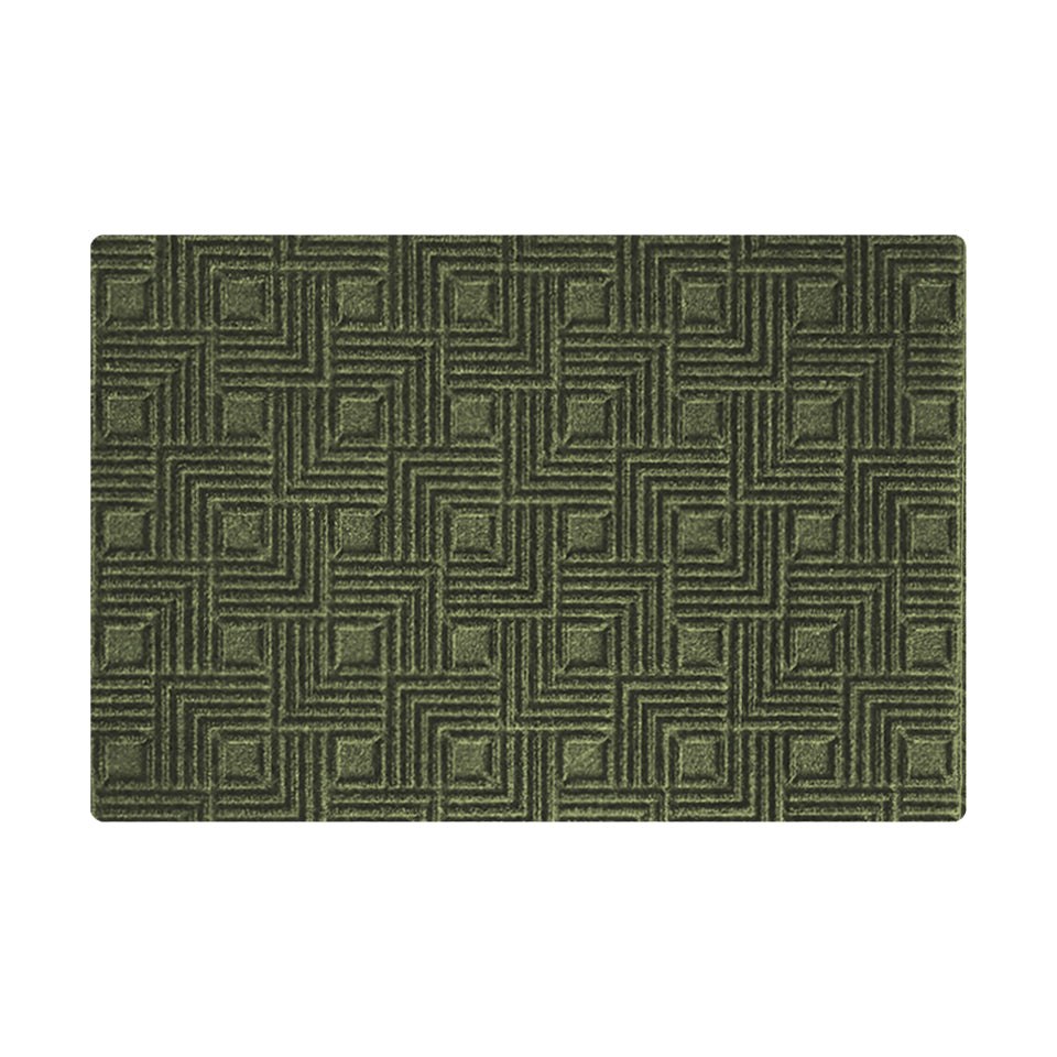 Overhead image of a single-door WaterHog Luxe mat in the meandering Labyrinth pattern and olive color, shown on a white background.