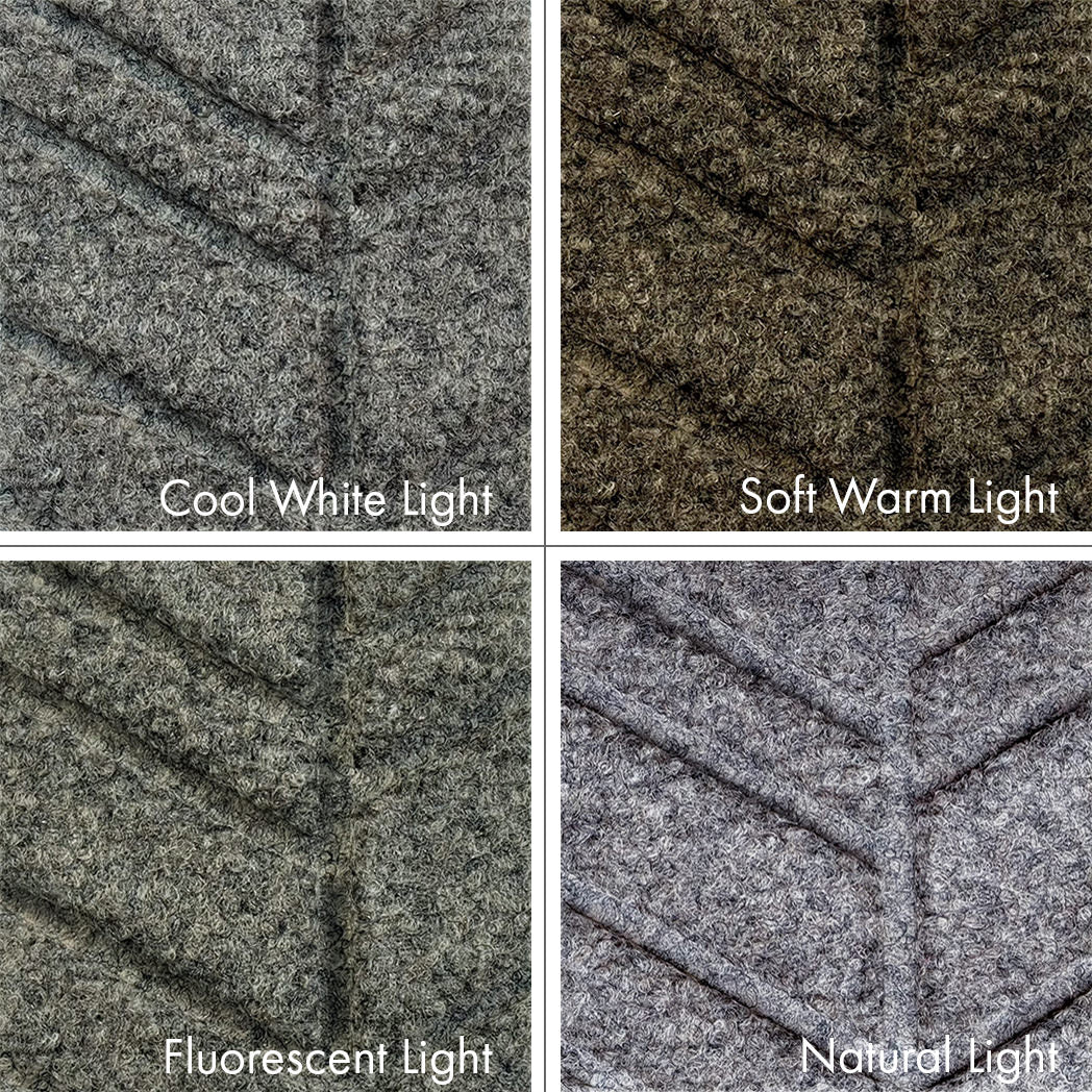 This image showcases how different light settings can affect the appearance of our WaterHog Luxe outdoor doormats.