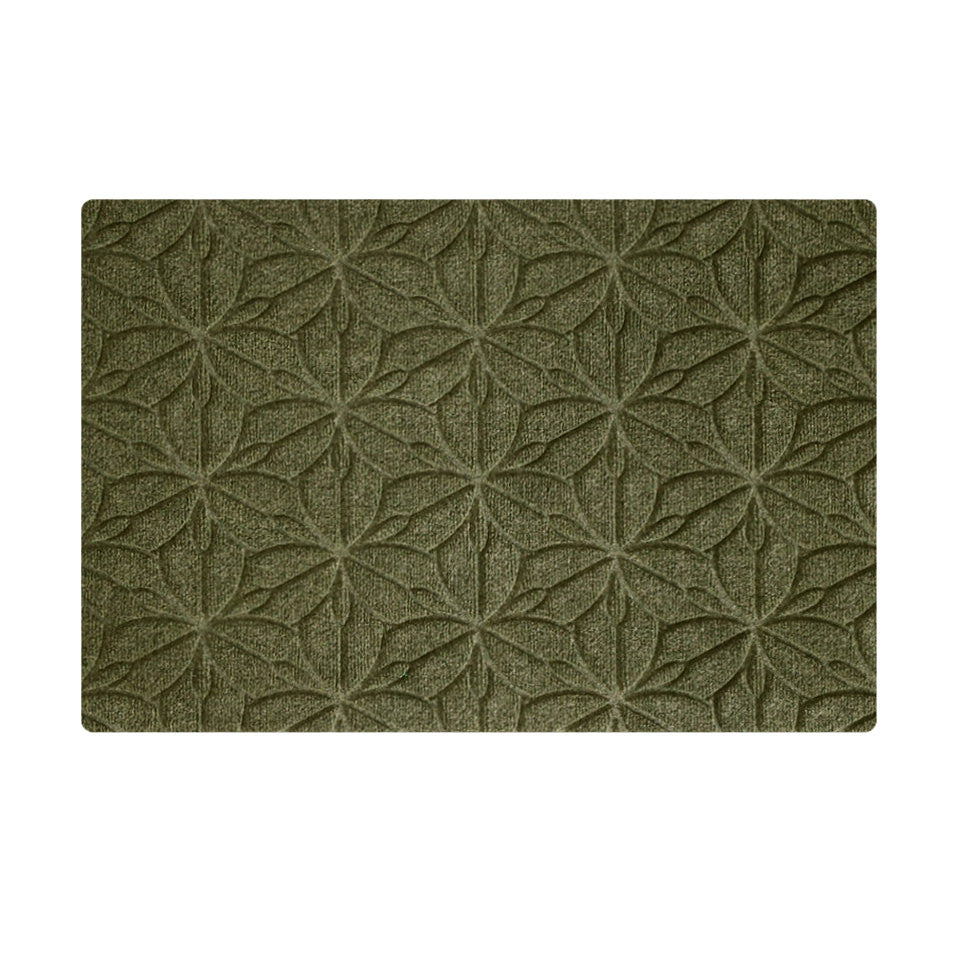 Overhead image of the single-door WaterHog Luxe mat in the floral Magnolia pattern and earthy olive color.