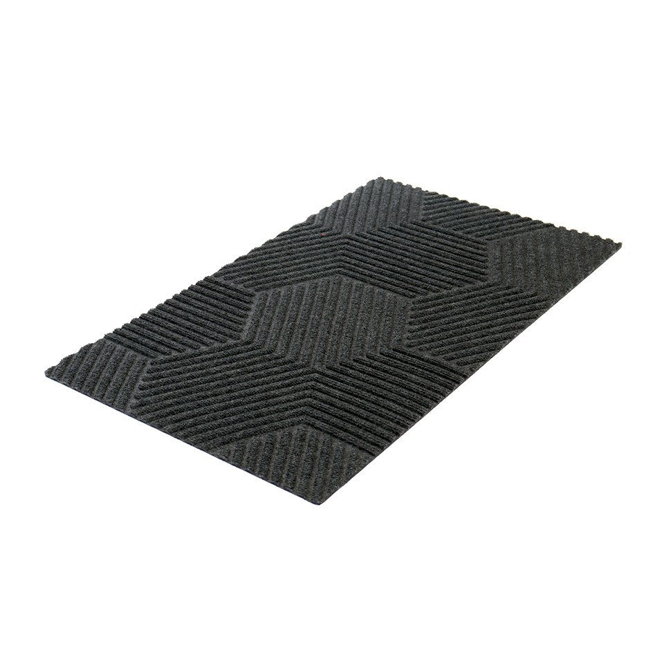 Angle shot of Zephyr geometric doormat in graphite