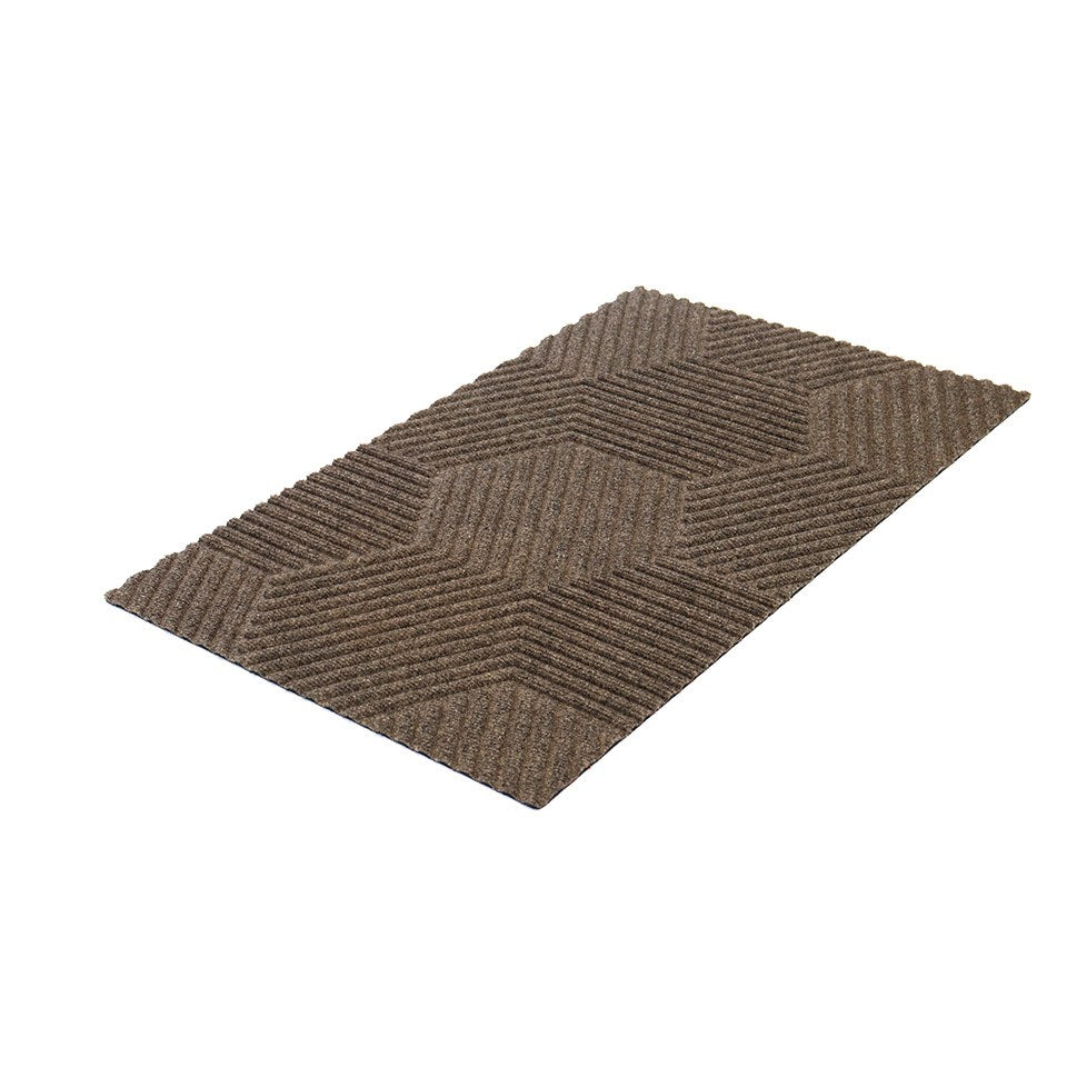 Angle shot of greige zephyr geometric pattern doormat for a single door