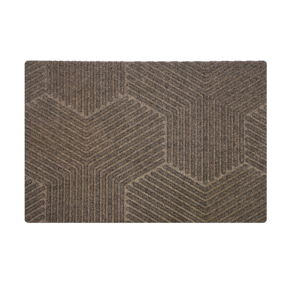 Greige zephyr single door doormat with geometric pattern.