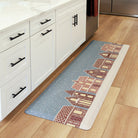Gingerbread House Christmas anti-fatigue kitchen runner mat with wipeable surface and winter holiday design for kitchen comfort.