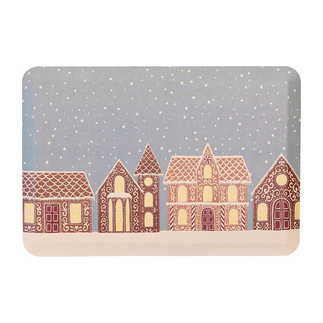 Gingerbread House Christmas anti-fatigue kitchen mat with wipeable surface and winter holiday design for kitchen comfort.