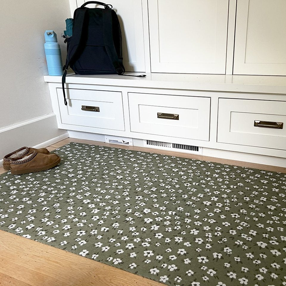 Lemon verbena sage green linen with white and green tiny flowers on indoor washable mud room floor mat