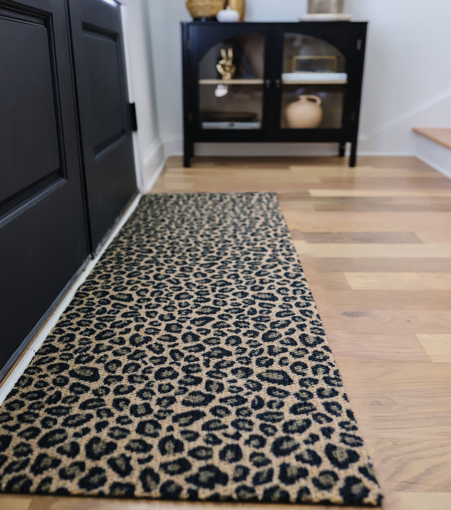Coir and black leopard print interior doormat with rubber backing