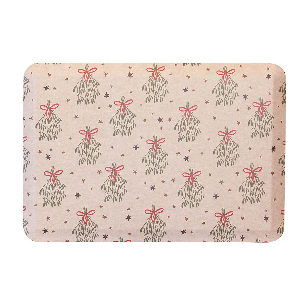 Merry Mistletoe Christmas anti-fatigue kitchen mat with wipeable surface and winter holiday design for kitchen comfort.