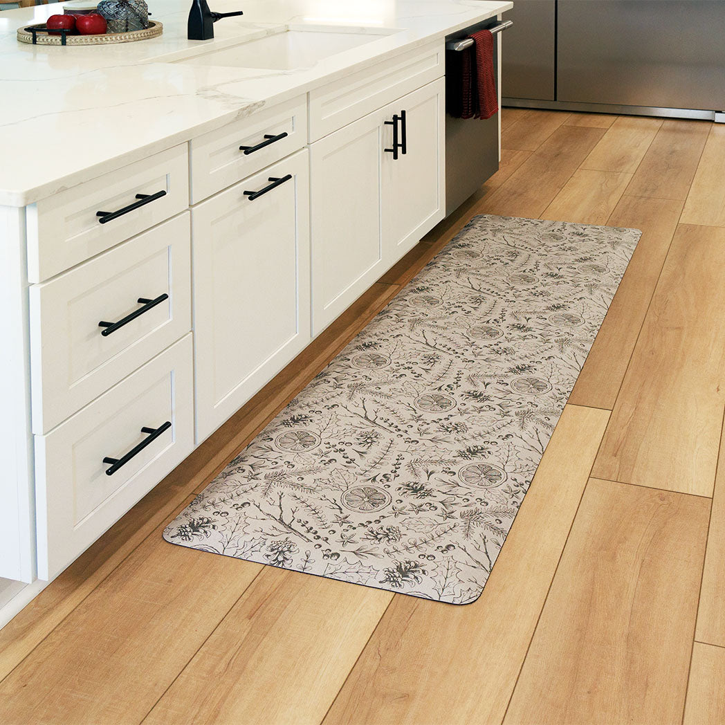 Fall Mulling Spice neutral anti-fatigue kitchen runner mat with wipeable surface and winter holiday design for kitchen comfort.