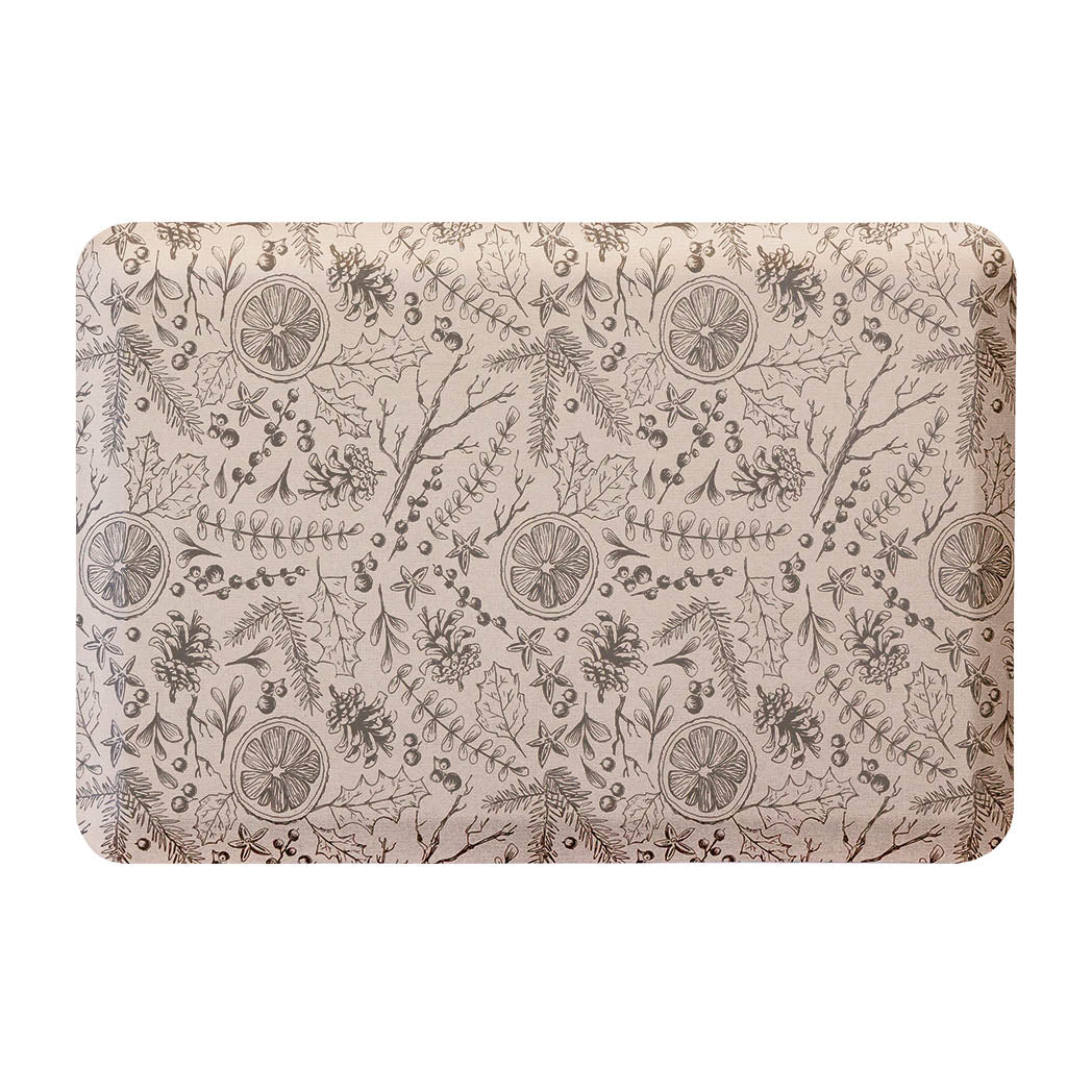 Fall Mulling Spice neutral anti-fatigue kitchen mat with wipeable surface and winter holiday design for kitchen comfort.