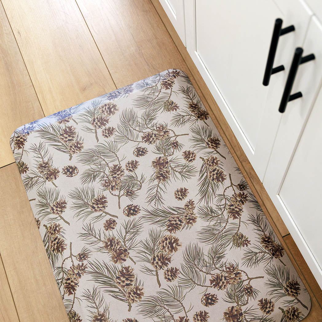 Pinecone fall anti-fatigue kitchen mat top view with wipeable surface and festive holiday design for kitchen comfort