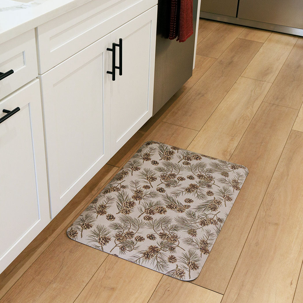 Pinecone fall anti-fatigue kitchen mat with wipeable surface and festive holiday design for kitchen comfort