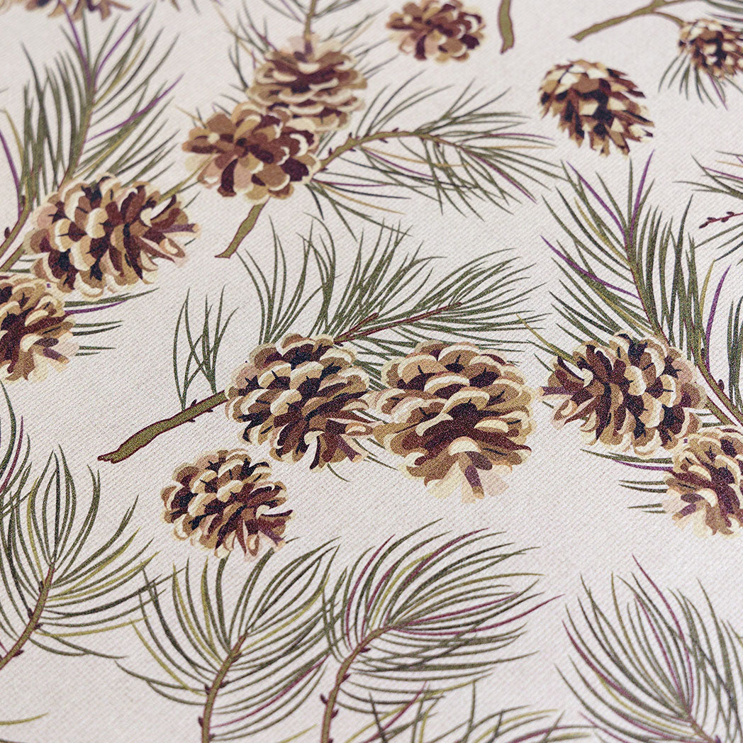 Detail of pinecone fall anti-fatigue kitchen mat with wipeable surface and festive holiday design and linen texture