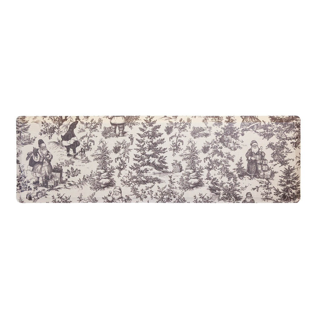 Santa Toile Christmas anti-fatigue kitchen mat runner with wipeable surface and winter holiday design for kitchen comfort.