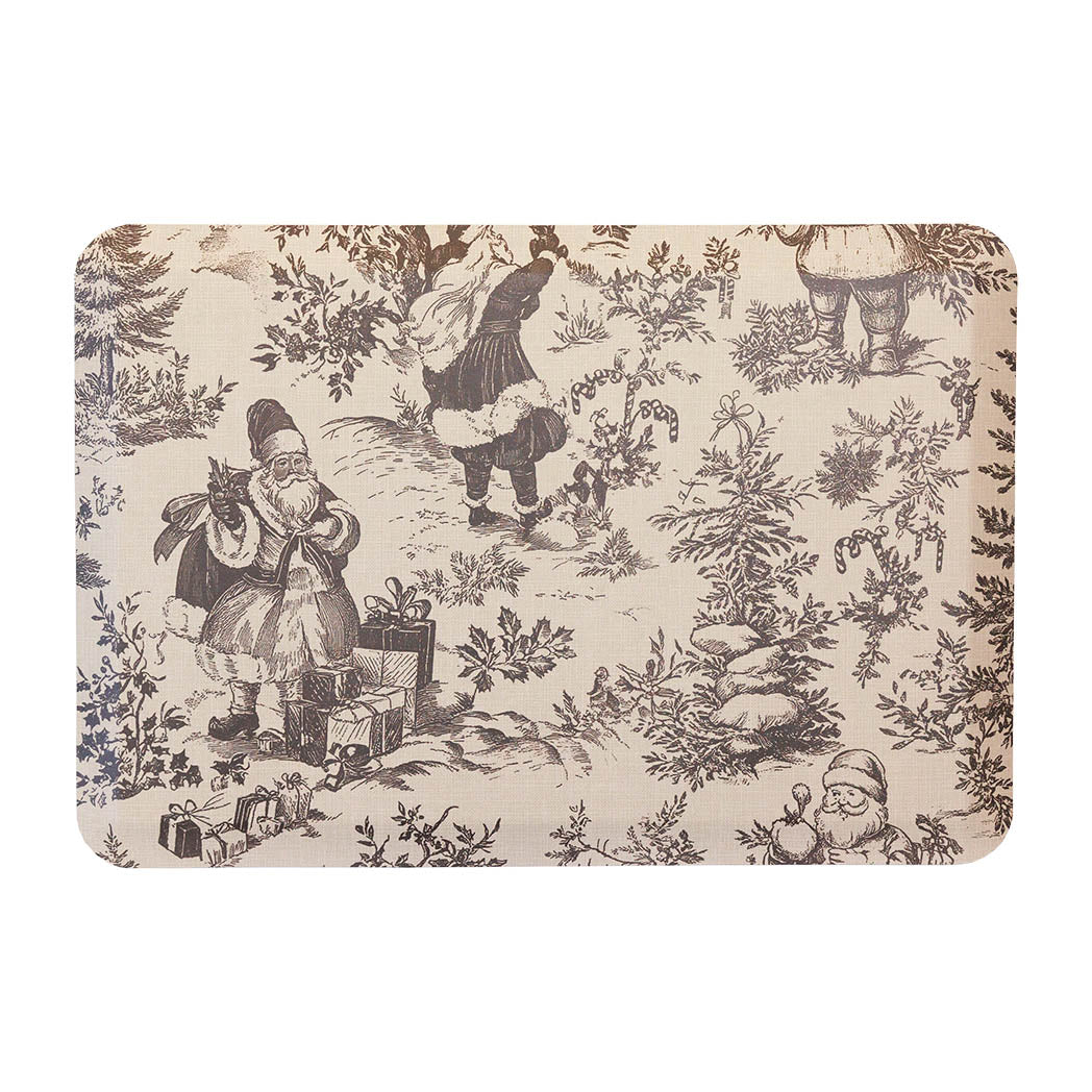 Santa Toile Christmas anti-fatigue kitchen mat with wipeable surface and winter holiday design for kitchen comfort