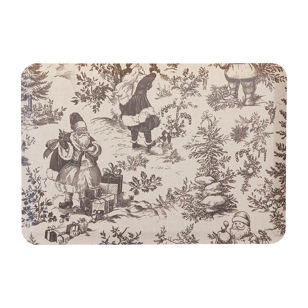 Santa Toile Christmas anti-fatigue kitchen mat with wipeable surface and winter holiday design for kitchen comfort.