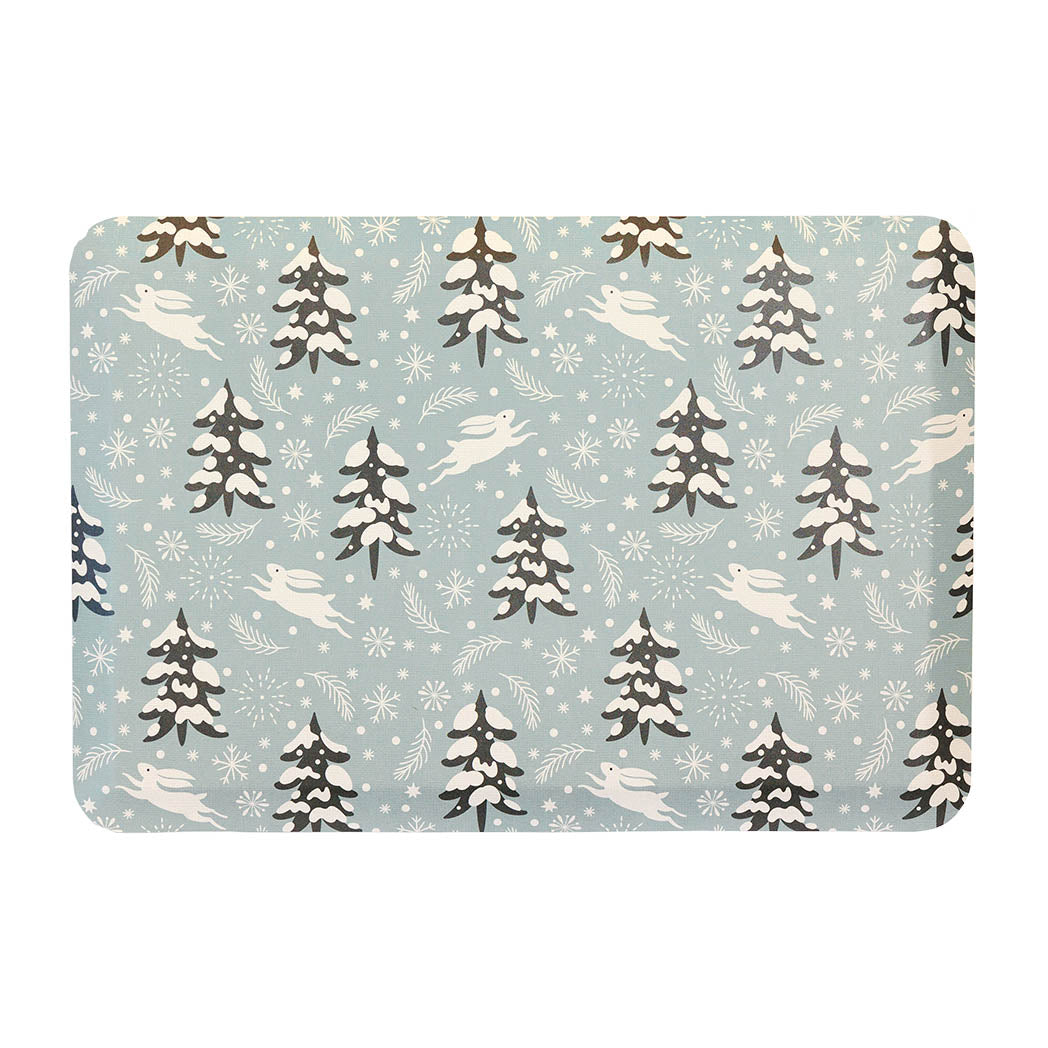 Snow Bunny fall anti-fatigue kitchen mat with wipeable surface and winter holiday design for kitchen comfort.