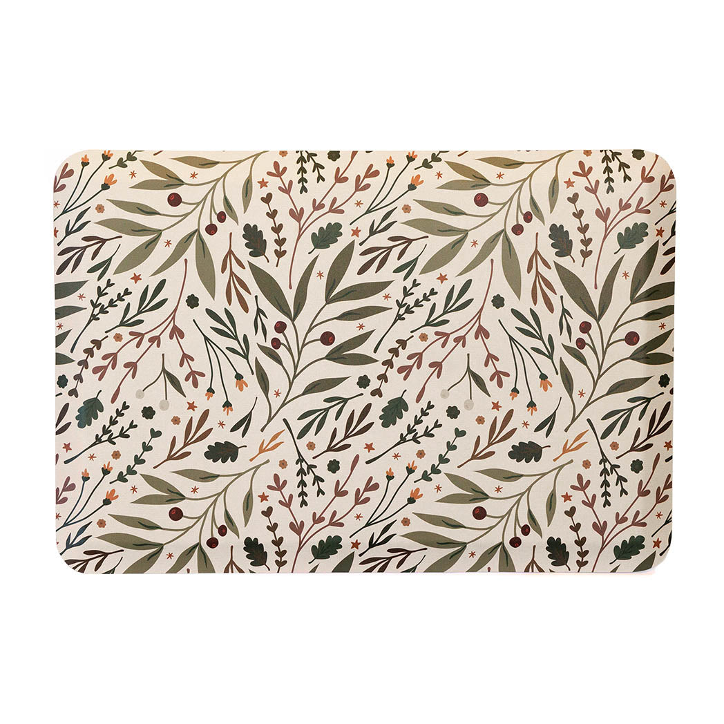 Sprig & Berry foliage Christmas anti-fatigue kitchen mat with wipeable surface and winter holiday design for kitchen comfort.