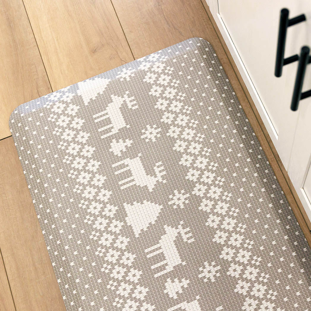 Christmas Sweater neutral anti-fatigue kitchen mat with wipeable surface and holiday winter design for kitchen comfort.