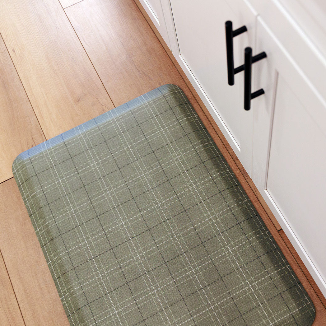 Classic green plaid anti-fatigue kitchen mat with wipeable surface and neutral design for kitchen comfort.