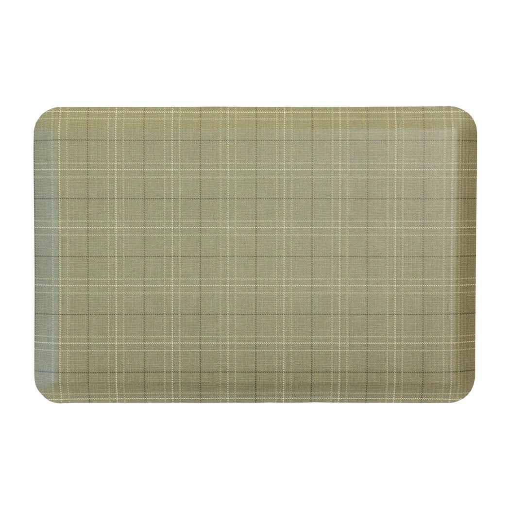 Classic green plaid anti-fatigue kitchen mat with wipeable surface and neutral design for kitchen comfort.