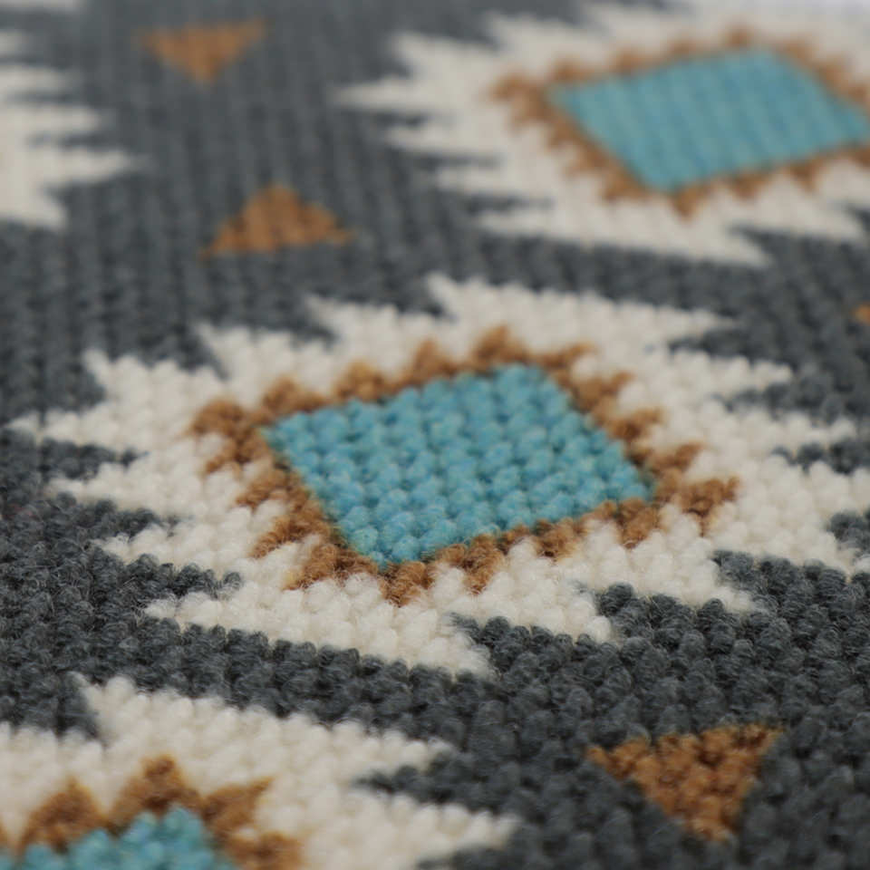 close up of Aztec design with colors teal, grey, brown, and white
