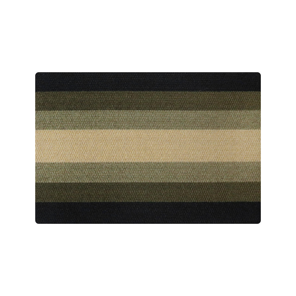 single door size banded stripes doormat with horizontal stripes in blacks, browns, beige, and green
