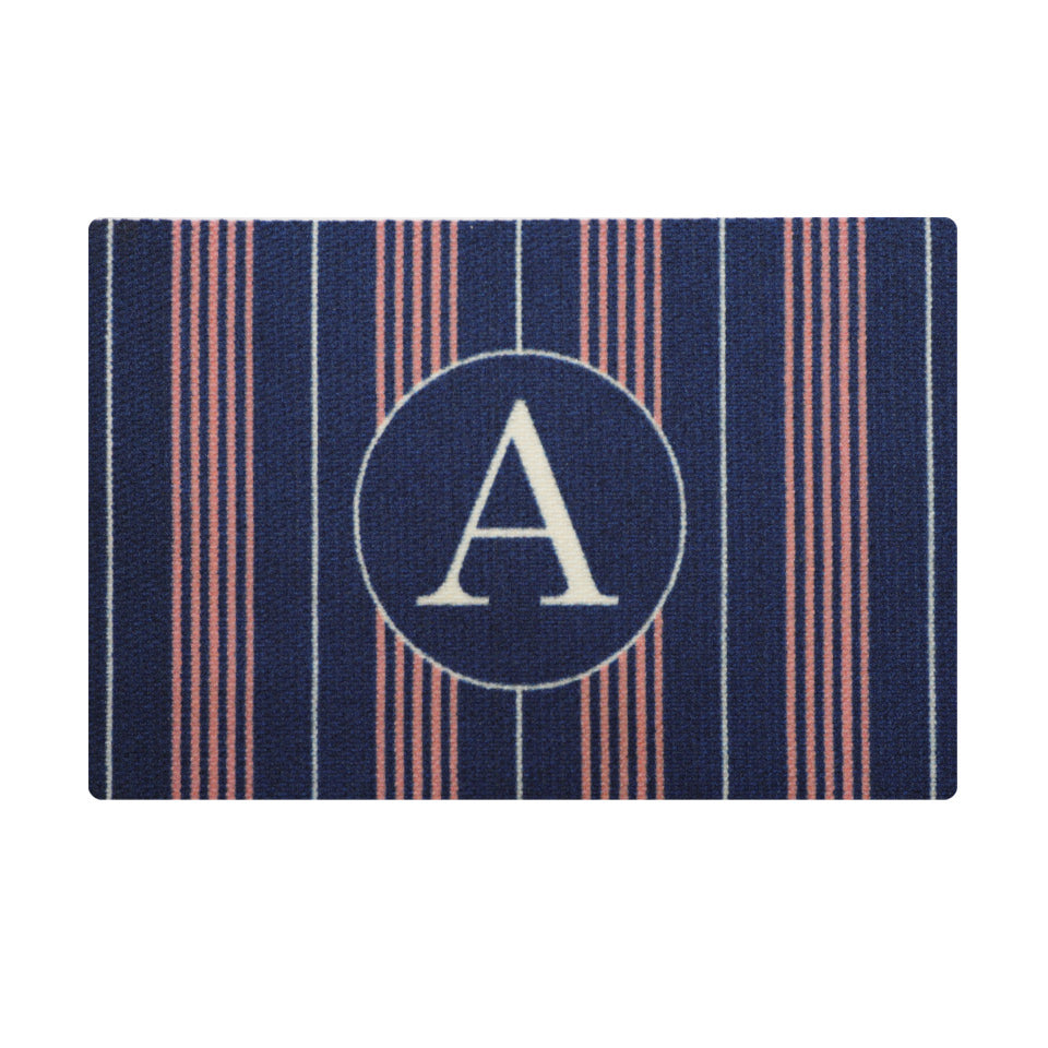 navy and pink basic stripe doormat with monogrammed A