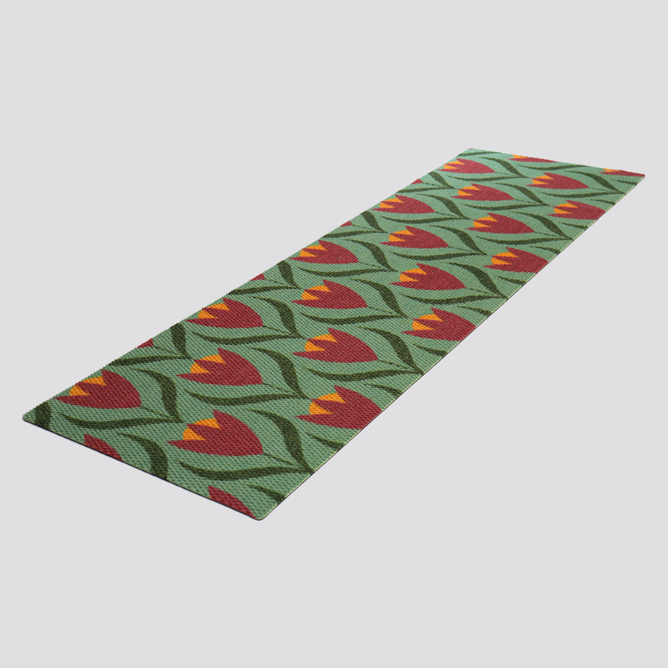 angled double door sized buttercups doormat in sage (light green) and berry (deep red)