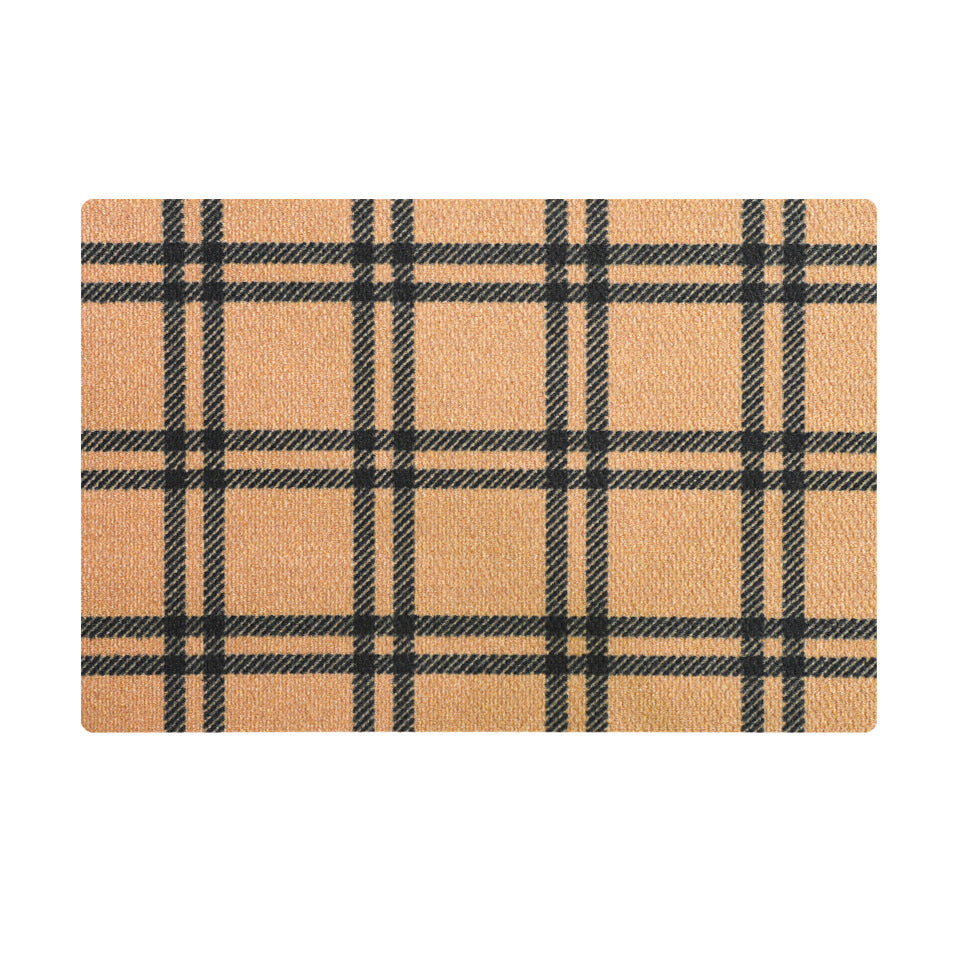 Quality doormat featuring a yellow and black plaid design and made with recycled materials.