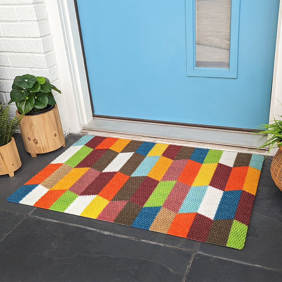 colorful tulips doormat placed outside blue front door