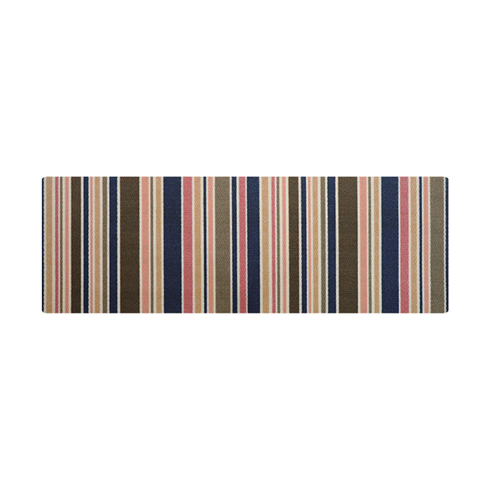 Double door sized doormat in MCM inspired stripes shown in varying widths of navy pink and brown stripes