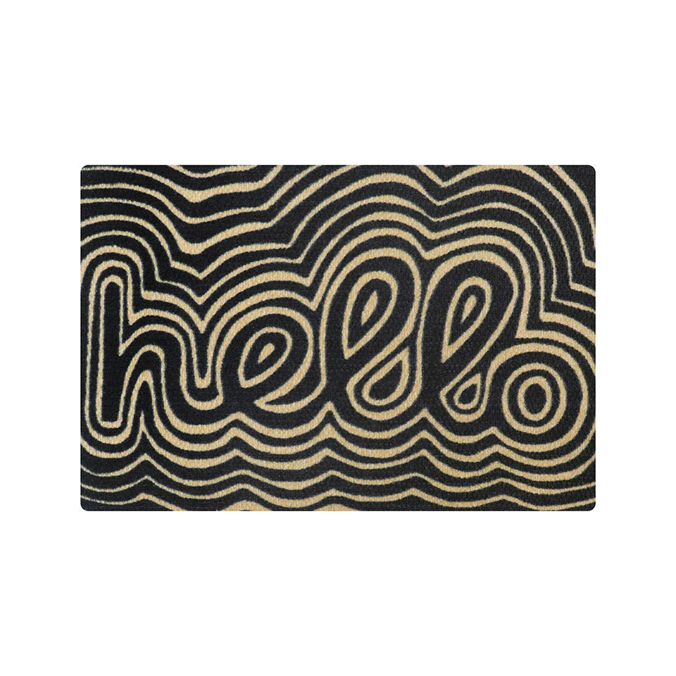 Groovy cursive hello on doormat in black and coir