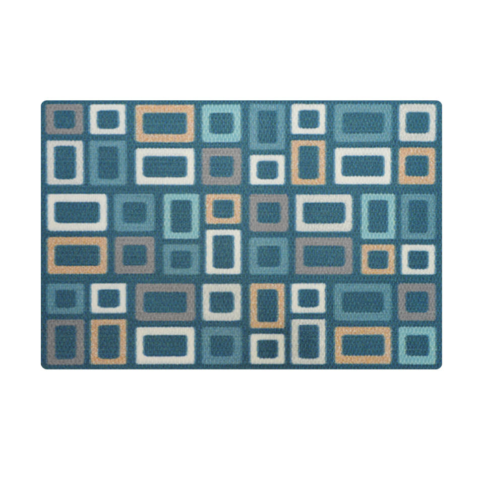Shades of aqua, tan, and grey in a retro inspired doormat with squares