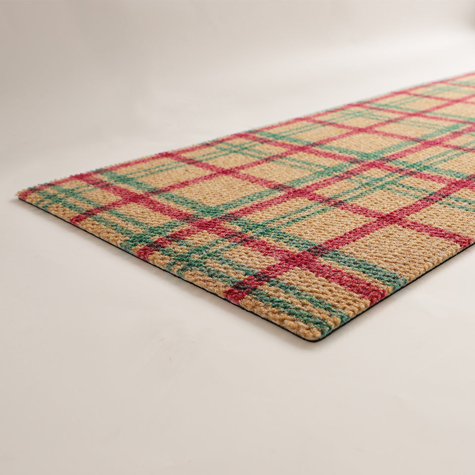 Low profile coir green and red doormat in holiday glen plaid