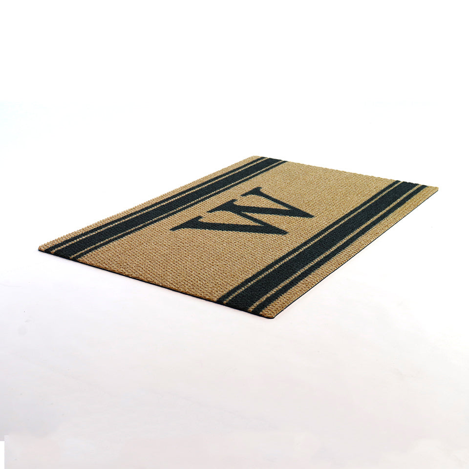 Monogrammed tan and black doormat for single door with black stripes at top and bottom