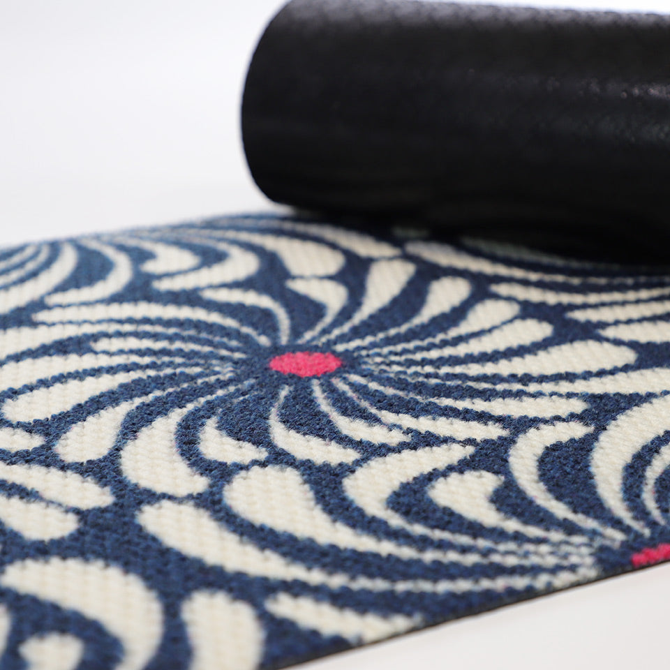 Close up of rubber backing on a white and navy funky retro floral doormat