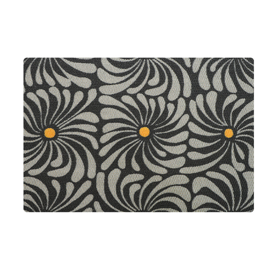 Grey funky retro floral design with yellow centers on dark grey non shedding doormat