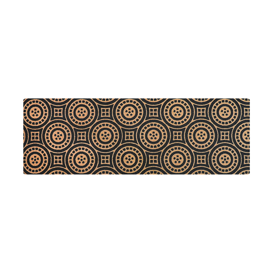 Medallions decorative doormat that comes in a double door size which makes it the ideal welcome mat for sliding glass doors and wide double doors and it comes in a black and brown pattern.