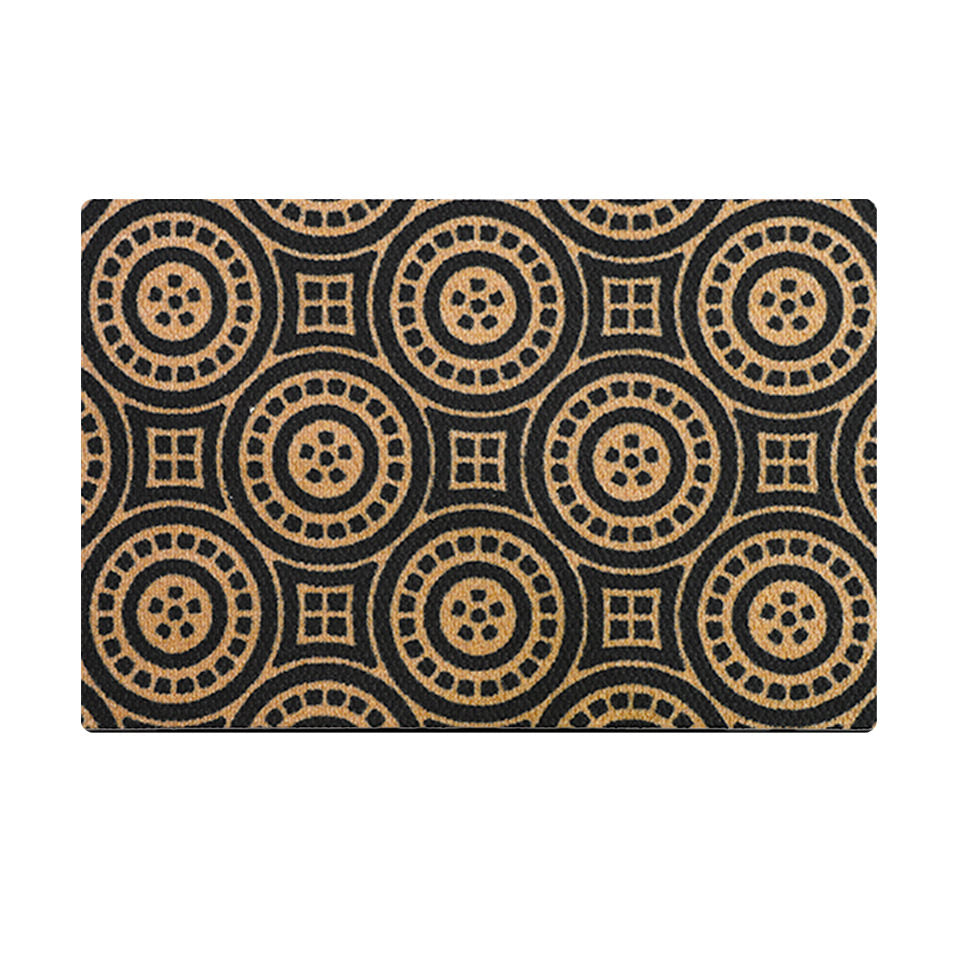 Black and brown geometric doormat; Medallions door mat features a repeating circular pattern.