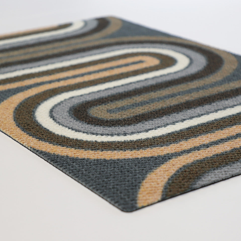 Mid century modern inspired Retro Vibes in a mix of browns and greys.  Nostalgic retro feel with a modern take on these doormats.