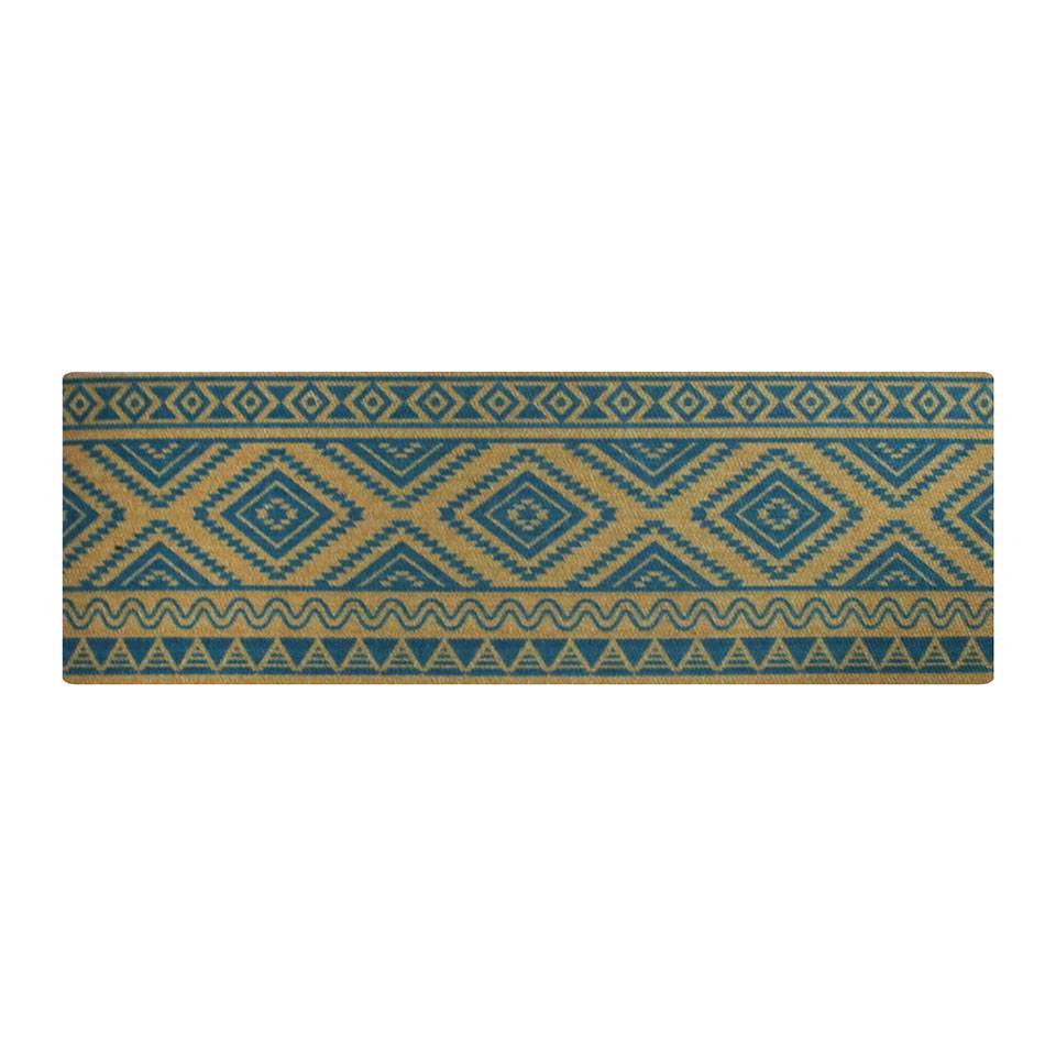 Southwestern double door mat in aqua features a blue pattern on a brown base. Will not shed or rot like traditional coir or coco mats.