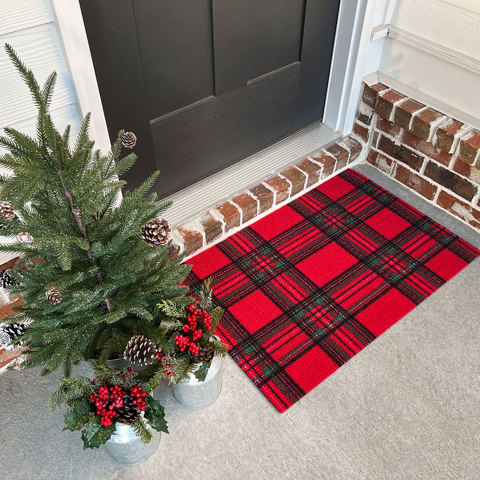 Single bright red and green Christmas holiday doormat for single door in Tartan plaid