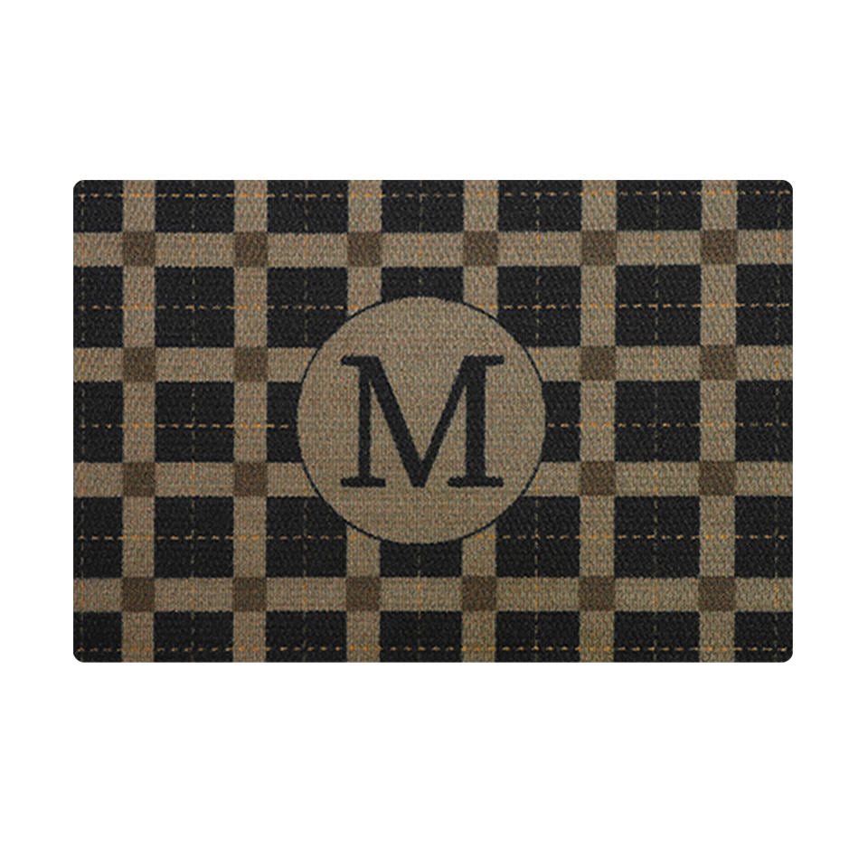 Black and tan neutral monogrammed doormat. Personalized doormat in plaid.