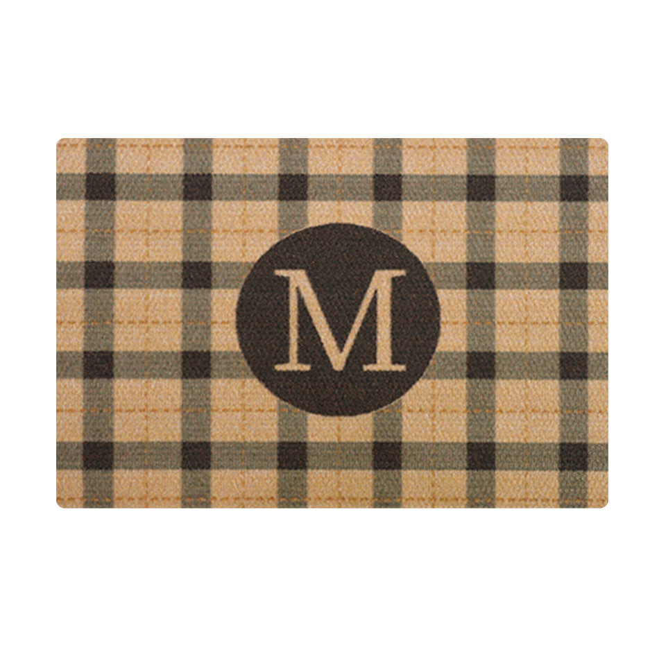 Coir and black plaid monogrammed doormat personalized with your initial.