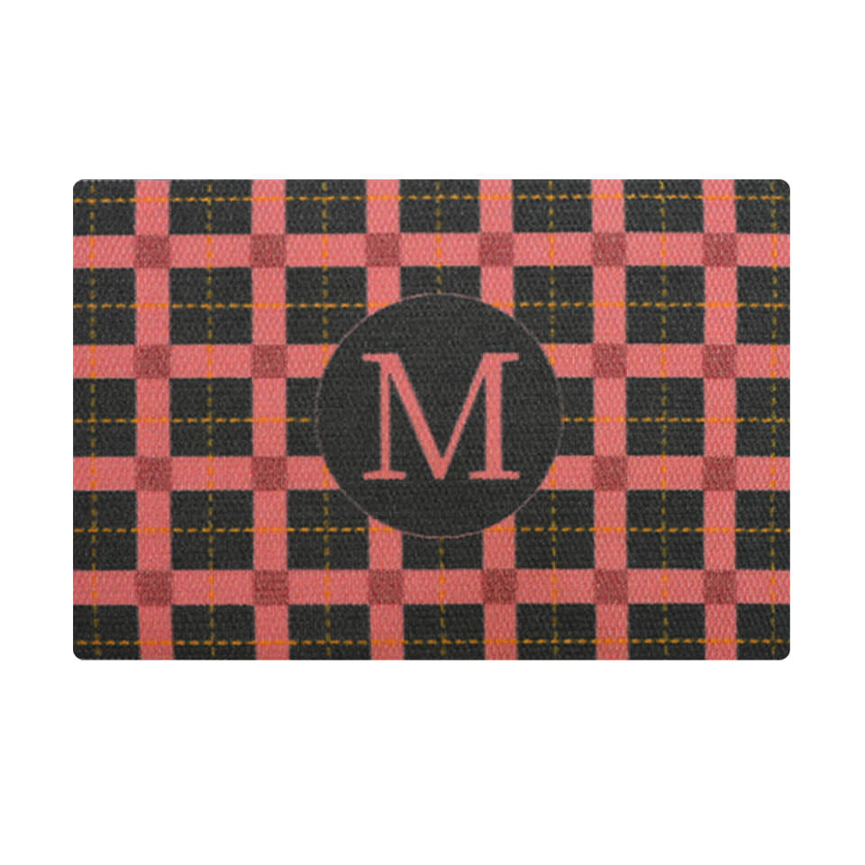 Mauve, pink, dark grey, and gold plaid monogrammed personalized doormat