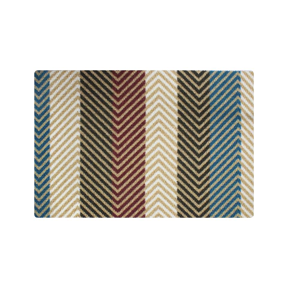 Textured stripes single door doormat is a colorful floormat featuring chevrons and stripes in multiple colors. Made in the USA with recycled plastic and rubber.
