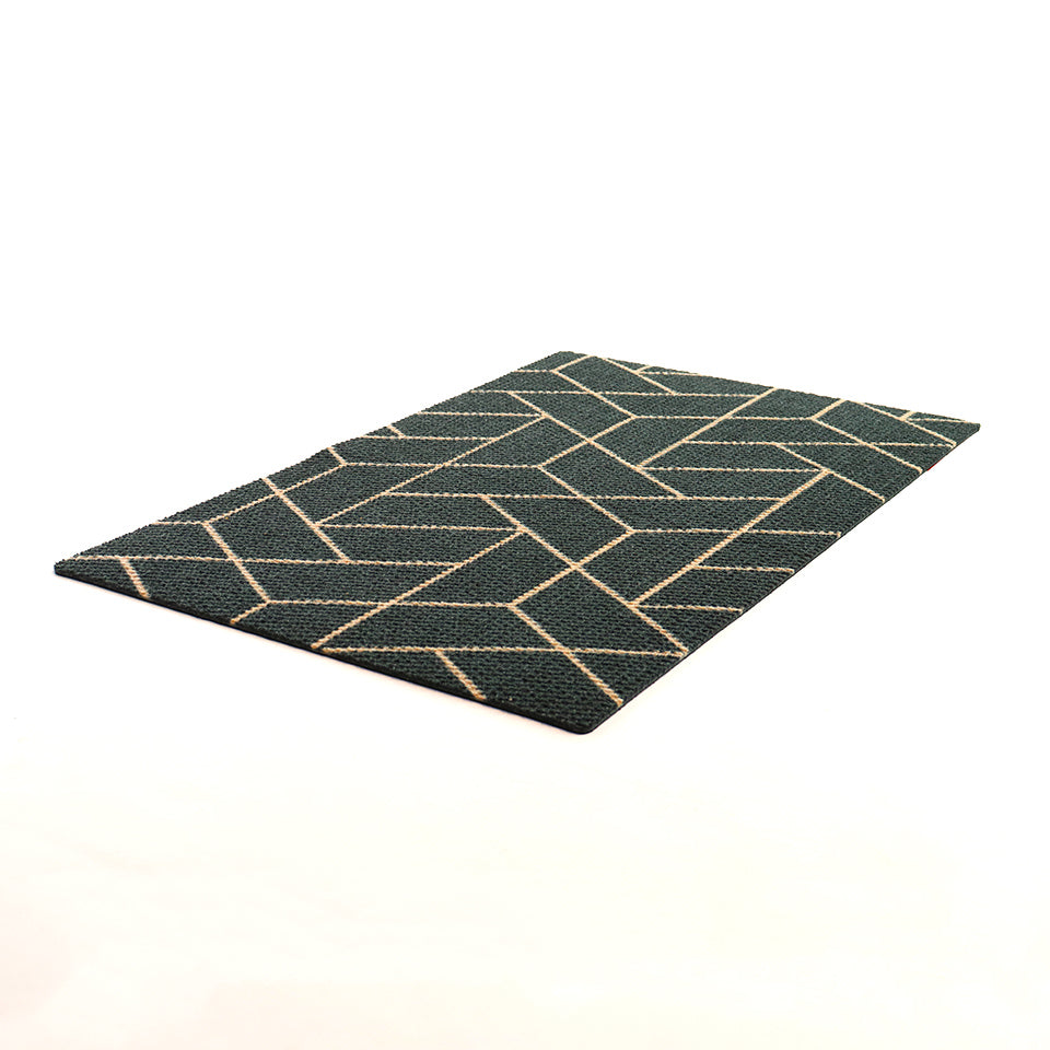 Low profile non shedding doormat in triangulation black/coir geometric pattern.  
