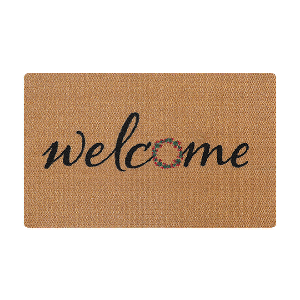 Welcome Wreath single door doormat is a great Christmas and Holiday mat featuring the word Welcome and a wreath as the O.