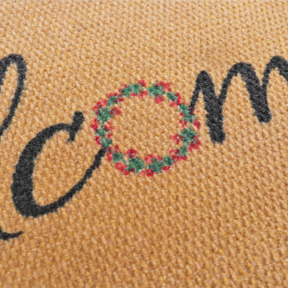 Welcome Wreath doormat has the look of coir door mat but will not shed, rot, or fall apart. Looks great as an additional holiday decoration. Unique hobnail surface wipes and scrapes shoes and boot dry.